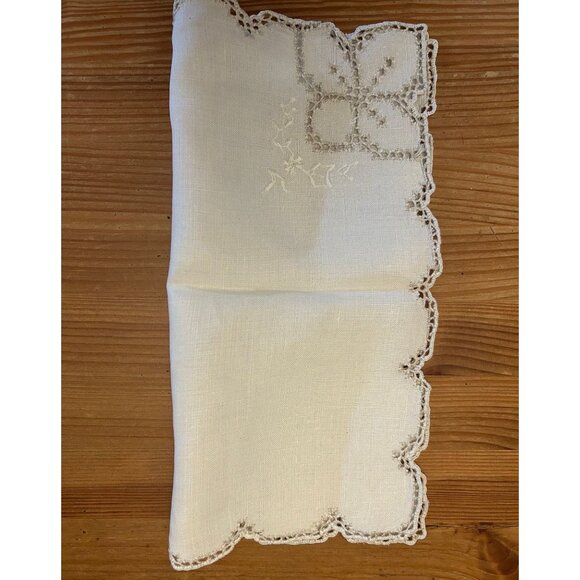 Vintage Linen Cocktail/Dinner Embroidered Open Work Napkin Lace Tatted Edge - Picture 3 of 4
